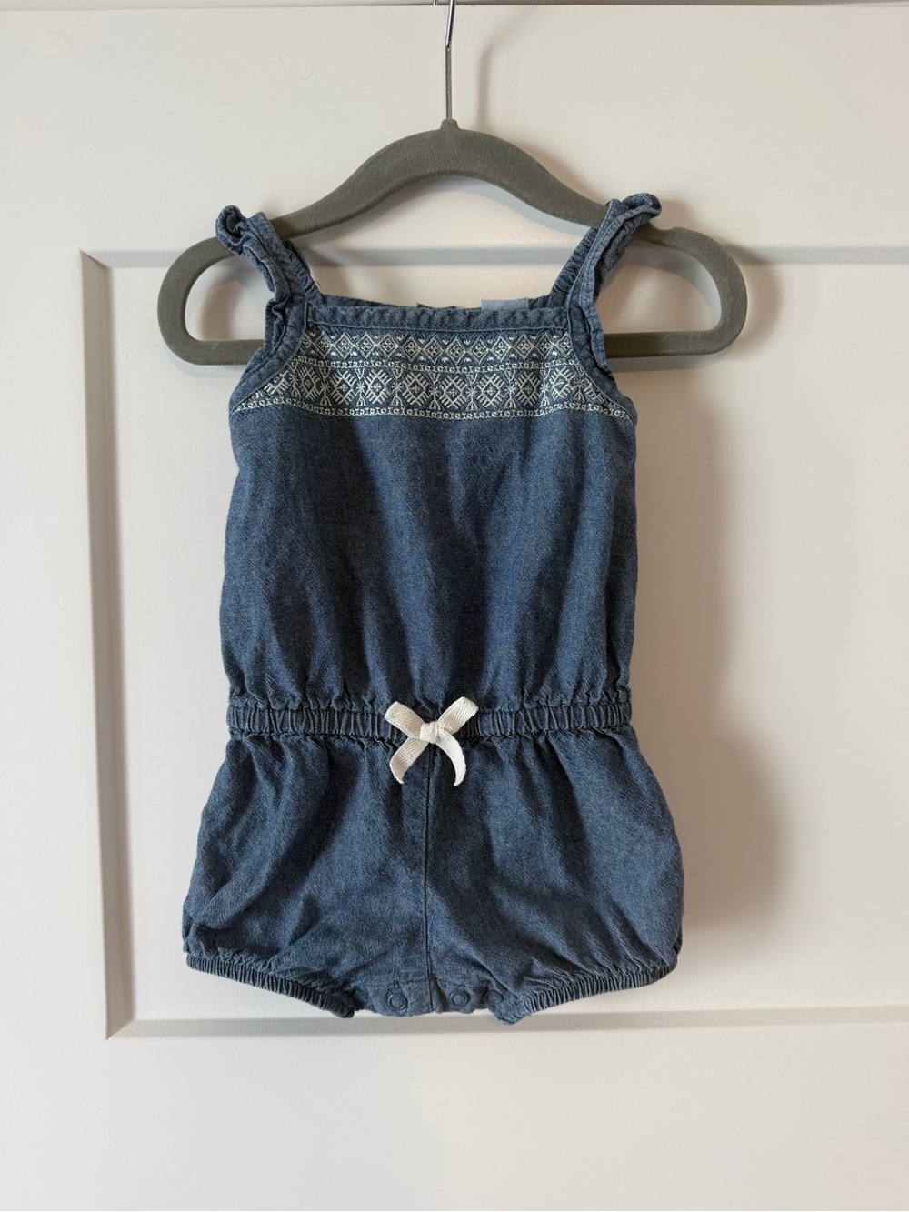 Carter's Blue Denim-Look Romper with White Bow
